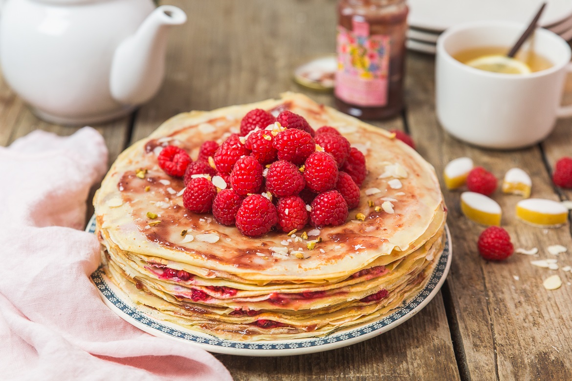 Raspberry & calisson pancake cake